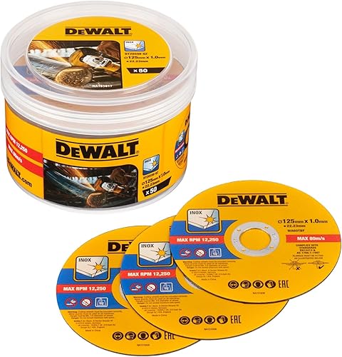 Dewalt Disco da taglio in acciaio inox DT20598-QZ (diametro 125 mm x 1,0 mm, per tagli veloci e puliti, per smerigliatrice angolare), 50 pezzi in secchio - Honorern
