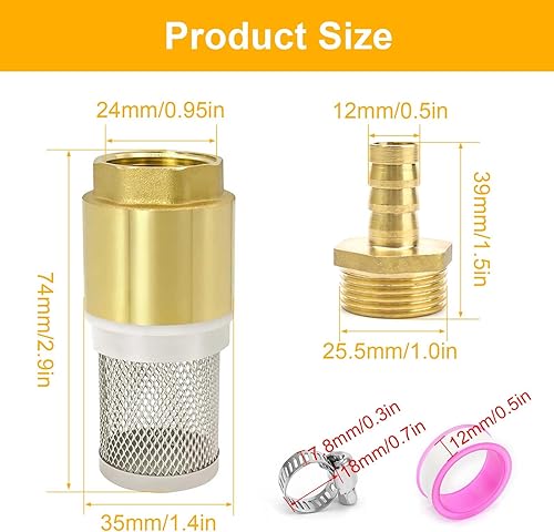 Valvola di Non Ritorno Acqua, 3/4' Valvola di Fondo, Filtro in Acciaio Inox, Ottone Filtro di Aspirazione in Otton, con Attacco Maschio da 3/4' e Nastro Grezzo, per Tubo Aspirazione, Pompa - Honorern