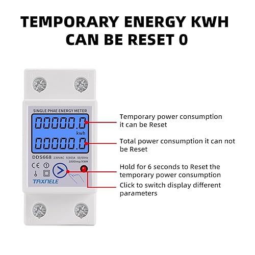 Contatore di energia monofase su guida Din kWh Contatore consumo energetico Wattmetro Tensione Corrente 80A AC 230V Voltmetro Amperometro LCD Reset Zero KWH - Honorern