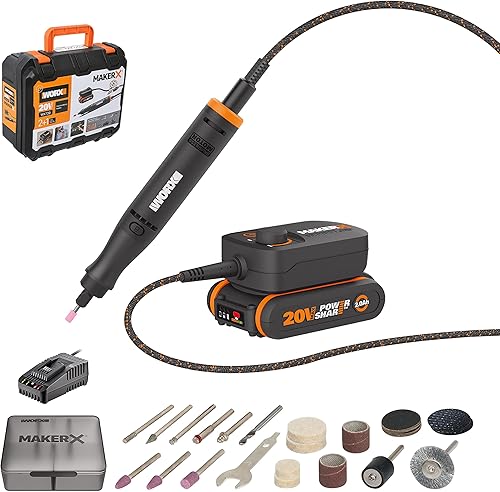 WORX 18V(20V MAX) MakerX Utensile rotante, PowerShare, Set di Accessori da 30 Pezzi, 1 Batteria da 2Ah con Indicatore, 1 Caricatore da 2Ah, WX739 - Honorern
