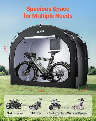 VEVOR Spaziosa Tenda per Riporre le Bici all'Aperto con Finestra Ventilata, Tenda Impermeabile Arco Superiore con Fibra di Vetro e Doppie Cerniere Nero da 3 a 4 Bici 2030 x 1220 x 1690 mm - Honorern