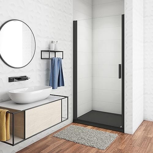 Porta doccia battente per nicchia vetro trasparente anticalcare 8mm telai nero opaco doccia a filo pavimento 90x200cm - Honorern