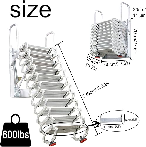 Scala Pieghevole Fissata al Muro, Scala Telescopica per Soffitta con Braccioli, Antiscivolo Abbassabile Gradini Della Soffitta, Scale Accesso Sottotetto Retrattile (bianca, 2.7-3.2m) - Honorern