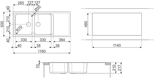Smeg LZ116A2 - Lavello a incasso, rettangolare, antracite, 2 ciotole, rettangolare, 330 x 420 mm - Honorern