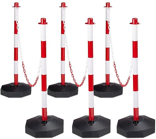 Set 6 Colonnine bianco e rosse con base + 3 catene 150 cm, per parcheggio, delimitazione posto auto, negozi,barriere - Honorern