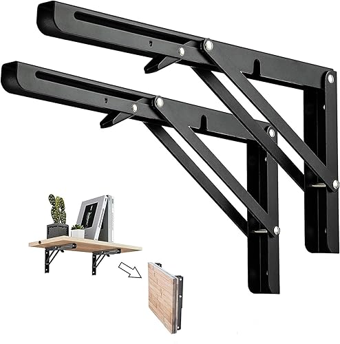 2 consolle pieghevoli da 600 mm, in acciaio inox, ad angolo di carico 110 kg, pieghevole per tavolo e supporto da parete, console per progetti fai da te (nero) - Honorern