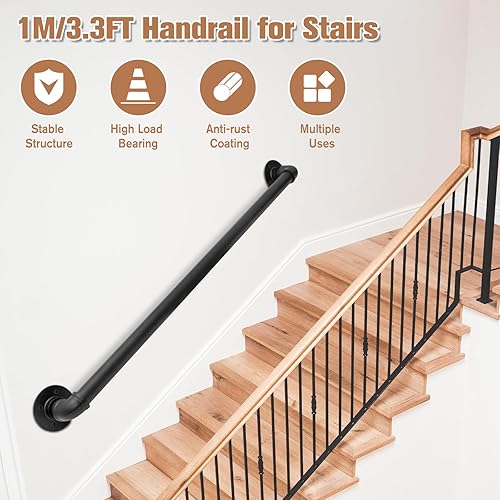 Corrimano per Scale Interne, Orifesio Passamano per Scale Interne, Ringhiera per Scale Interne Esterne per Anziani Disabili Bambini, Ringhiere per Scale Tubo Zincato Nero Antiscivolo, 100CM - Honorern