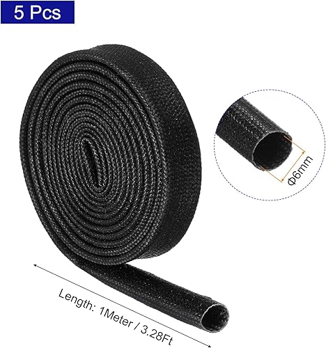 5pz Guaina Intrecciata Isolante per Cavi, 3.3Ft-1/4' ID Nero, Guaina Fibre Vetro Rivestita Silicone Alta Temperatura per Avvolgicavo, Tubazioni Automobilistiche Protezione - Honorern