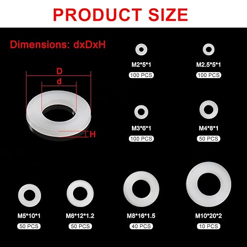 500 Pezzi M2 M2.5 M3 M4 M5 M6 M8 M10 Nylon Piatte Rondelle Assortimento Kit, Guarnizione in Nylon, Rondella in Plastica per Meccanica, Bianca - Honorern