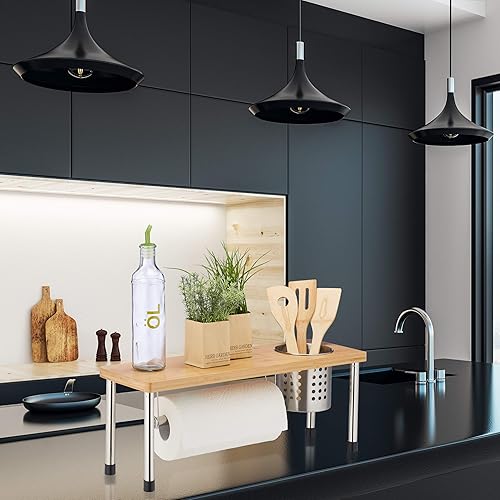 Relaxdays Portautensili da Cucina, con Porta posate & Rotoli da Cucina, Spezie, Bambù & Acciaio Inox, Naturale/ Argento - Honorern