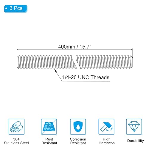 1/4'-20 UNC Asta Filettata Integrale Acciaio Inossidabile 304, 3pz Lungo 12' Vite Filettata Lunga Filettatura Destra Tutti Perni Asta Filettata per Bulloni Ancoraggio, U-Bolts - Honorern