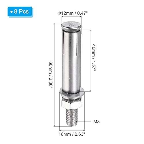 M8 x 60mm Bulloni Espansione, 8pz Bulloni Espansione in Acciaio Inossidabile 304 per Ancoraggio a Manica per Muro Cemento Mattoni Cartongesso Condizionatore d'Aria, Argento - Honorern