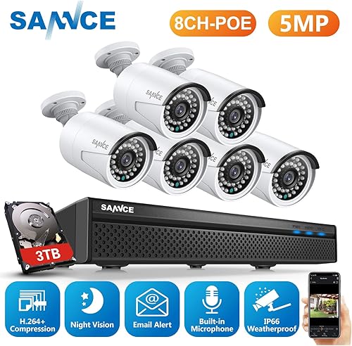5MP H.264+ PoE kit Telecamera di Sorveglianza 8CH POE NVR con HDD 3TB e 6 Videosorveglianza Registratore 5MP Interno/Esterno Impermeabile IP66 - Honorern