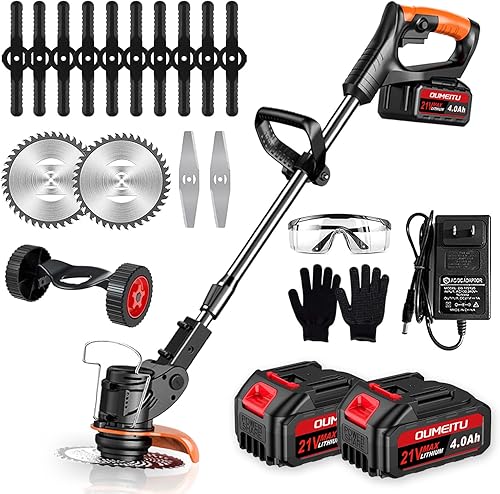 Decespugliatore a Batteria Tagliabordi Elettrico con 2 21V 4.0Ah Batterie e 3 Tipi Lame Taglia Erba da Giardino Elettrico Testata Regolabile e Maniglia Telescopica Tagliaerba Senza Fili per Giardino - Honorern