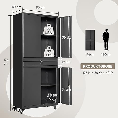 Armadio per attrezzi in metallo, 180 x 40 x 80 cm, richiudibile, multifunzione, in acciaio, con divisori regolabili, armadietto degli attrezzi con cassetti (su ruote) - Honorern