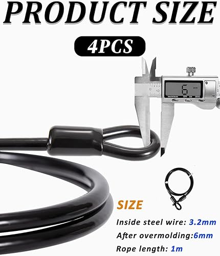 Cavo di Sicurezza in Acciaio Cavo di Bloccaggio 1 m Sicurezza Acciaio Cavo Cavo Acciaio Lucchetto Fermacavo per Mobili da Giardino Biciclette(4 PCS, Nero, Argento - Honorern