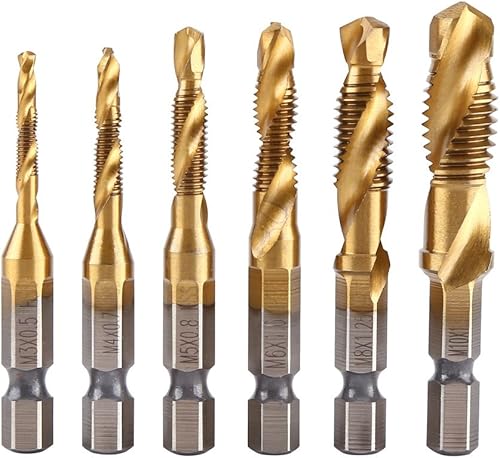 Punte Trapano Maschi Countersink Tap, HSS M3 M4 M5 M6 M8 M10 Tap Drill Bits Maschi per Filettare Titanio Rivestito Punte Maschiatura Perforazione Titanio Tap Trapano (6 Pezzi) - Honorern