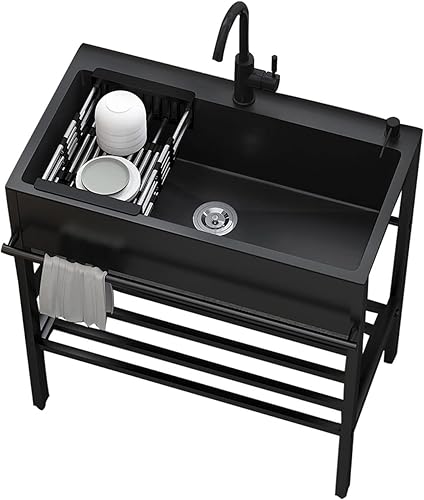 Lavello Cucina Nero Con 1 Vasca, Lavandino Autoportante Commerciale, Lavello Da Esterno, Lavandino In Acciaio Inox Con Scolapiatti, Con Rubinetto, Lavatoio Da Giardino Campeggio ( Size : 100*45cm , Co - Honorern
