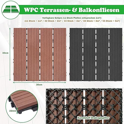 5m² WPC Piastrelle per Terrazze da Giardino 55 Pezzi Mattonelle per Patio 30x30cm Piastrella con Incastro Sistema e Drenaggio Griglia Pavimentazione per Esterni Laghetti (Type A, Marron) - Honorern