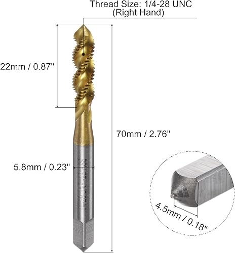 Filettatura Spirale con Flauto, Maschio Spina Filettato 1/4-28 Unf 2B, Utensili Filettatura Acciaio Alta Velocità 6542 Rivestiti Titanio per Riparazioni Meccanica - Honorern