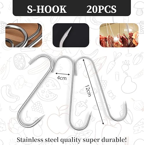 20 pezzi Gancio per carne a S, ganci a S in acciaio inox, Ganci da affumicatura in acciaio inox, Gancio da macellaio per la lavorazione della carne, Adatto per appendere anguille, manzo, maiale - Honorern