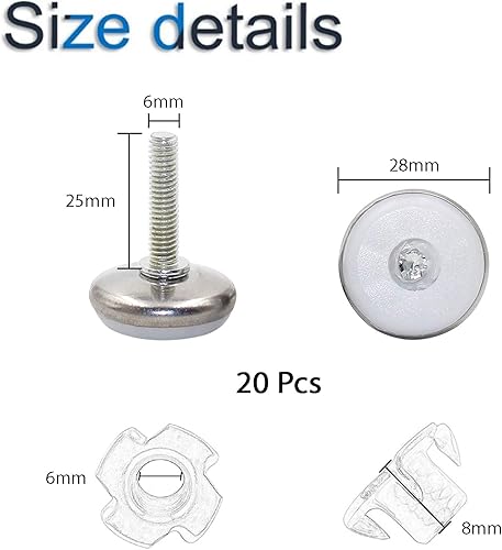 INCREWAY 20 piedini M6 per mobili con fondo bianco per tavolo e sedie, livellatori per mobili con gambo filettato, dadi a T - Honorern