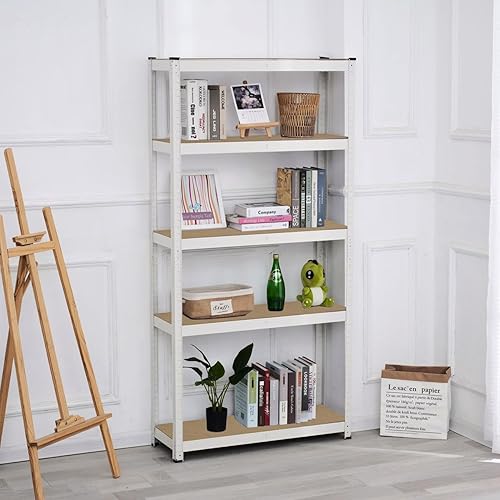 Scaffale Metallo Garage 180x90x40cm Ad Alta Portata 875kg, 5 Ripiani Mdf, Scaffale Salvaspazio Ideale Per Garage, Officina, Cantina, Magazzino, Design Modulare (Doppio, Bianco) - Honorern