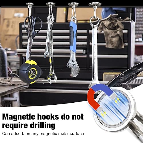 Gancio magnetico extra forte, 4 pezzi Magnete al Neodimio con Moschettone Calamite Potenti Ganci girevole a 360° Ganci Magnetici Extra Forti per cucina, armadietti, campeggio, garage, ufficio - Honorern