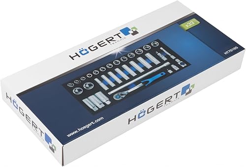 Högert Technik Set di chiavi a bussola 3/8', 33 pezzi, manico a cricchetto 72T, acciaio CRV, con connettore per candela, adattatore, inserto in EVA, robusto e resistente alla corrosione - Honorern