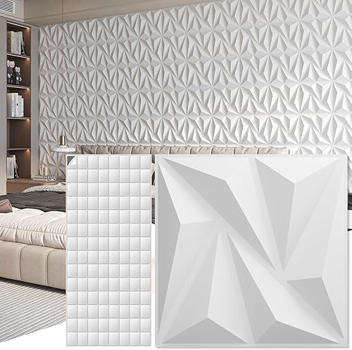 3D 3D pannelli murali decorazione murale interna con nastro adesivo in PVC diamantato per soggiorno foyer camera da letto hotel ufficio 30 x 30 cm 50 pezzi Bianco - Honorern