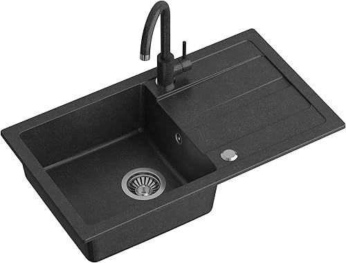 Lavello da cucina in granito | dimensioni 77 x 44 x 17,6 cm Nero | Lavello GO MAX in granito Lavello a vasca singola | Lavello da incasso con rubinetto da cucina - Honorern