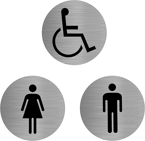 Set di 3 cartelli per WC, diametro 75 mm, in alluminio, per donne e uomini, disabili, autoadesivi, ideali per porta del WC - Honorern