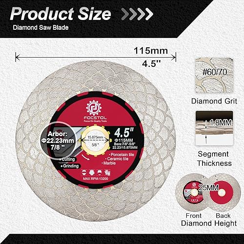 Disco Diamantato per Piastrelle 125mm - FOCSTOL Doppio Lato Taglio Macinazione Lama Diamantata per Porcellanato Ceramica Marmo Granito Pietra Artificiale - Honorern