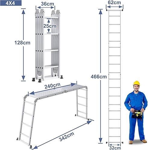 Scala multiuso 6 in 1, in alluminio, 470 cm, con piattaforma fino a 150 kg, portata 4 x 4 gradini, colore: argento - Honorern