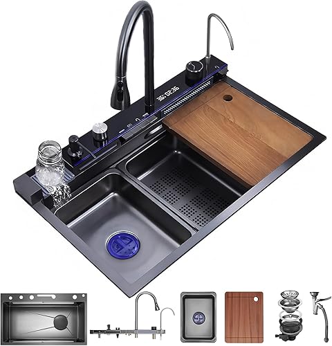 75x46cm Lavello Cucina in Acciaio Inox Multifunzione - Cascata lavandino Acqua, Rubinetto Estraibile, Tagliere Integrato, Dispenser Sapone, Sistema Drenaggio con Accessori per Incasso - Honorern