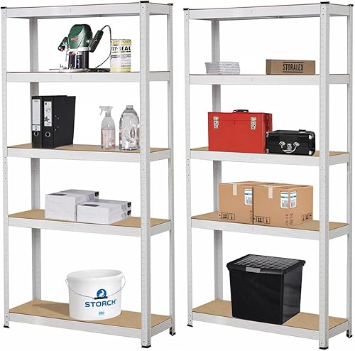 Scaffale Metallo Garage 180x90x40cm Ad Alta Portata 875kg, 5 Ripiani Mdf, Scaffale Salvaspazio Ideale Per Garage, Officina, Cantina, Magazzino, Design Modulare (Doppio, Bianco) - Honorern