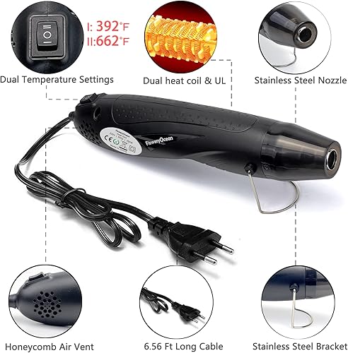 Mini pistola ad aria calda da 350 W, 2 impostazioni di temperatura 392°F/662°F, per goffratura artigianale, tubi termoretraibili, resina epossidica, ritiro riscaldato, asciugatura a - Honorern