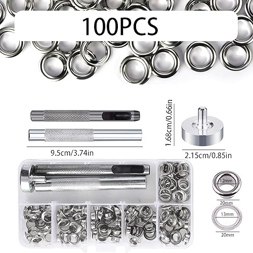 Occhiello Strumento Kit,100 Pezzi Occhielli Grommet Rondelle,Occhielli per Teloni,4mm Occhielli Metallici,con 3 Attrezzi e Scatola di Stoccaggio,Occhielli in Metallo,per Scarpe,Borse,Cintura - Honorern