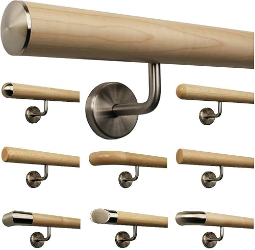 Corrimano in acero per scale, manico in legno ad angolo, supporto in acciaio inox, lunghezza 30-500 cm da un unico pezzo/variante: 200 cm con 3 supporti, tappo in acciaio inox leggermente bombato - Honorern