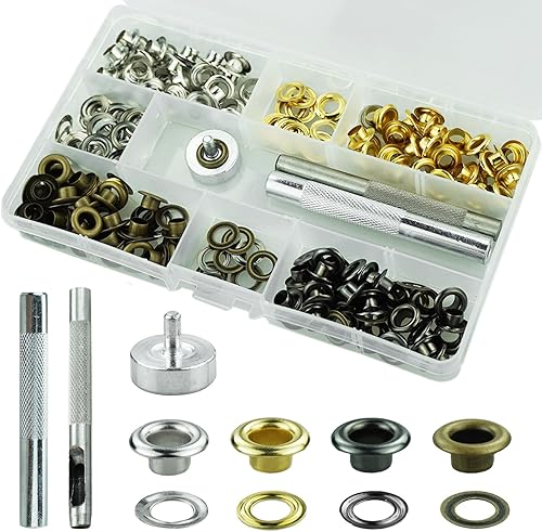 Set di 120 strumenti per occhielli da 6 mm, con punzonatrice per fori, strumento di fissaggio e base in metallo, occhielli per tessuto, pelle, vestiti, tela (argento/verde bronzo/oro/grigio) - Honorern