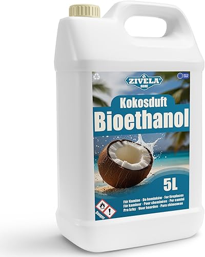 Bioetanolo 96,6% 5 l | Alcool bio profumo noce di cocco 96,6% 5 l | Camino a bioetanolo | Profumo di cocco | Combustione pulita, senza fumo, fiamma - Honorern