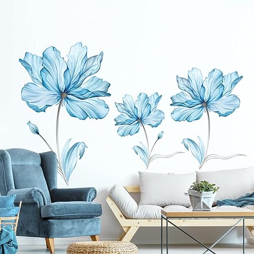 Fiori Blu Decalcomania Murale Fiori Grandi Adesivo Murale Piante Adesivo Murale Autoadesivo Rimovibile Adesivo Murale per Soggiorno Camera da Letto Uffici Bagno Decorazione Murale - Honorern