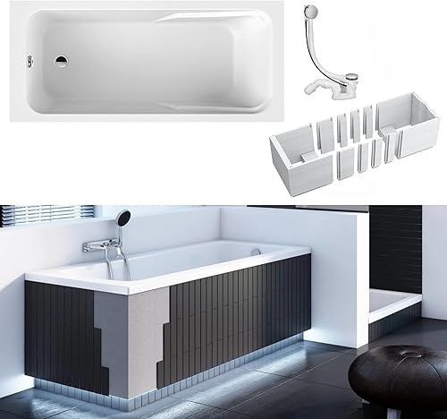 Vasca da bagno, 160 x 70 cm, in acrilico, colore bianco, per illuminazione a LED, in polistirolo, rettangolare, design moderno, scarico cromato - Honorern