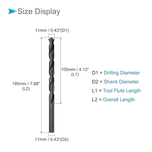 Torsione Trapano Punte, 11mm Perforazione Diametro, Nero Ossido Alta Velocità Acciaio Extra Lungo Dritto Gambo Inossidabile Acciaio Lega Metallo, 1-Pezzo - Honorern