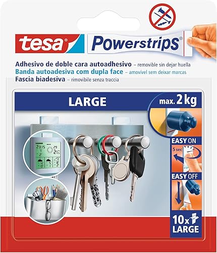 Tesa Powerstrips Large - Strisce Adesive Double Face per Pareti Piane e Lisce - Peso Dell'Oggetto fino a 2 kg - Confezione da 10 Powerstrips - Honorern