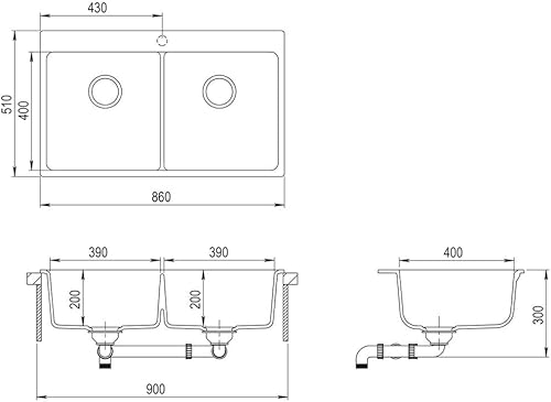 Tidyard Lavandino,Lavello,Cucina,Doppia Vasca,in Granito,con Montaggio sopra,860x510 mm,Lavello Cucina 2 Vasche in Granito,Lavello Incasso,Lavello Cucina Incasso,Lavello 2 Vasche - Honorern