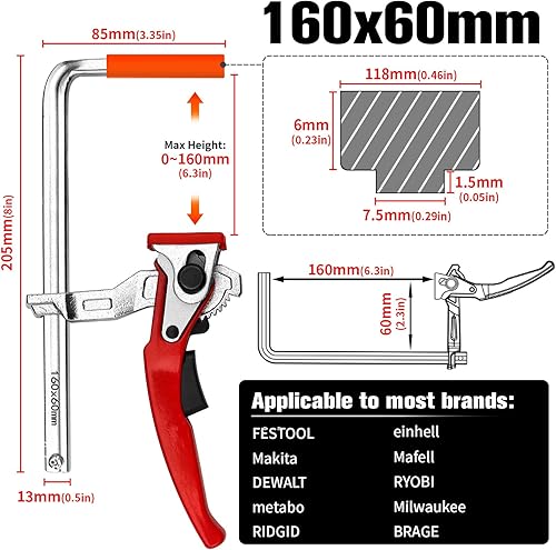 2 morsetti a leva, 160 x 60 mm, costruzione robusta e durevole, forza di serraggio regolabile, ideale per serraggio sicuro di pezzi in diverse applicazioni - Honorern
