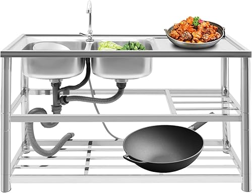 Lavello da cucina autoportante, in acciaio inox commerciale con 2 vasche da lavoro, rubinetto e scarico, doppio lavello per interni esterni, 120 x 45 x 80 cm - Honorern