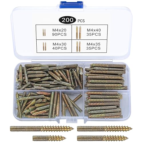 200 Pezzi M4 Vite a Doppio Filetto, Viti a Doppia Estremità, Vite a Doppia Testa, Barre Filettate a Doppia Estremità, Viti Autofilettanti, Viti a Doppia Filettatura per Fissaggio di Mobili Legno - Honorern