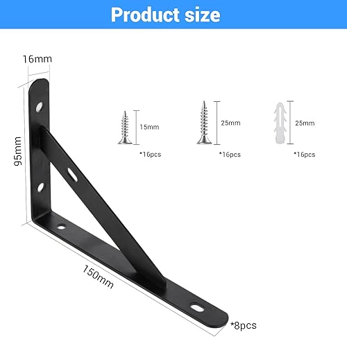 8 Pezzi Staffa per Mensola Triangolare - 95x150mm Mensola per mensole a parete Triangolare Staffa per Tavolo a Muro 90 Gradi Angolo Retto per Mensole in legno librerie sospese tettoie e mensole(nero) - Honorern